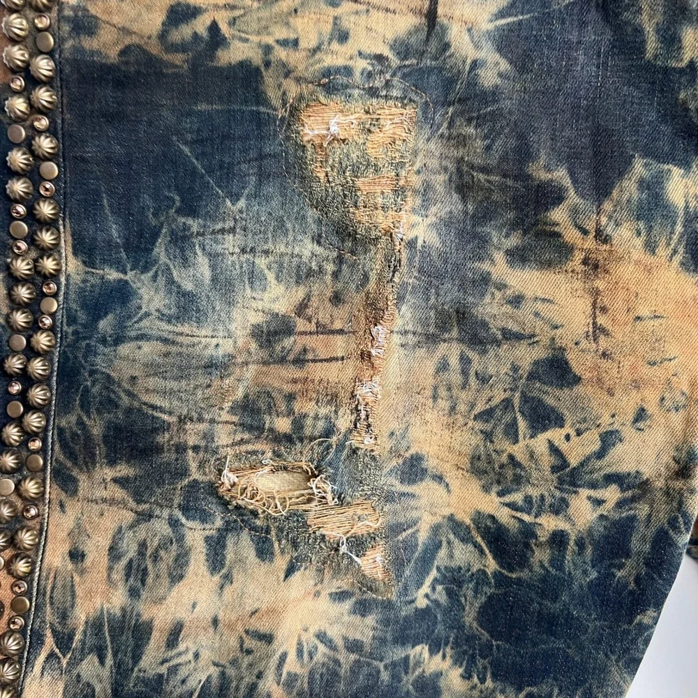 Robin's Jean Black Brown Splatter Acid Wash Long Flap Pocket Studded Moto‎ Jeans